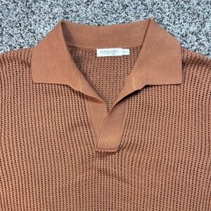 Suitsupply Men's M Rust Orange Cotton Silk Open Knit Mesh Johnny Collar Polo